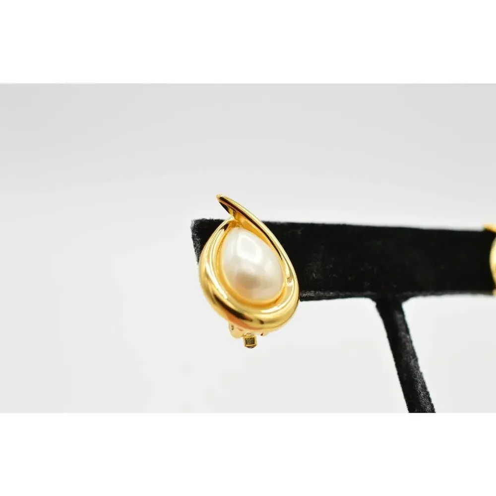 FO Vintage Earrings Clip Pearl Teardrop Gold Fernando Original Signed NOS 80s 9L